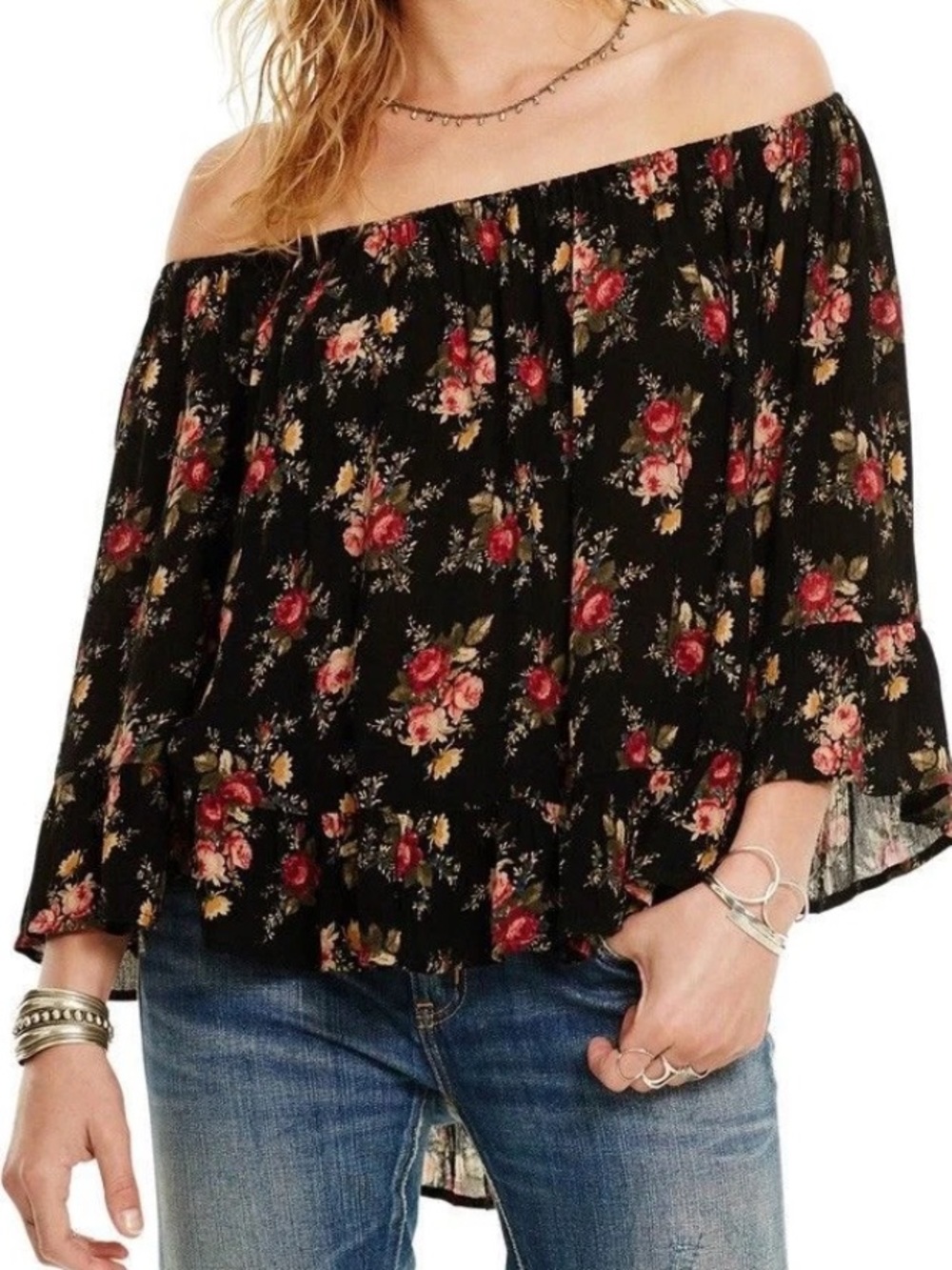 Ralph Lauren Black Off-Shoulder Floral Blouse Boho Ruffle Peasant Size L